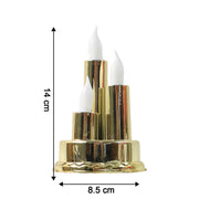 A golden triple LED flameless candle lamp with white flame-shaped bulbs, showing dimensions of 14cm by 8.5cm.