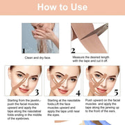 A five-step instructional guide on how to apply face lifting tape, including washing, cutting, and placement.