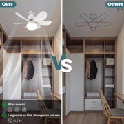 A split image comparing a white ceiling fan with light on the left to a diagram of a different fan on the right, both in a