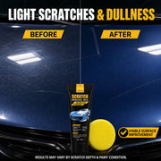Before and after comparison of a car hood showing light scratches removed by the wax.