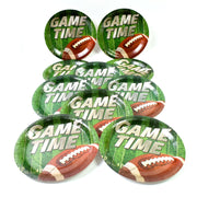 Ten green paper plates with a football and 'GAME TIME' text, arranged in rows on a white background.