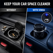 A split image showing a messy car cup holder on the left and a clean one with the ashtray on the right.