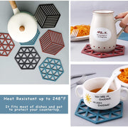 A collage showing various uses for the hexagonal silicone trivets, including under a pot, mug, and bowl.