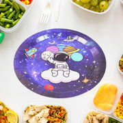 A single purple paper plate with an astronaut and planets design, surrounded by various meal prep containers.