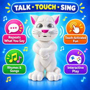 The white cat toy with pink ears and nose, surrounded by icons representing its features: repeats speech, touch-activated,