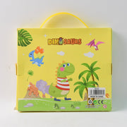 The back of a yellow dinosaur-themed gift box with a handle, featuring cartoon dinosaurs, palm trees, and product