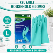 A pair of large teal household gloves in their clear plastic packaging is displayed next to an unpackaged pair on a kitchen