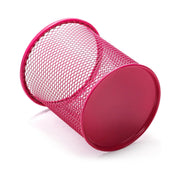 A pink metal mesh pen holder is tilted on its side on a clean white background.
