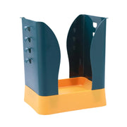 A teal and orange trash bag holder, without a bag, is shown against a white background.