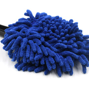 Close-up of the blue microfiber bristles of the duster on a white background.