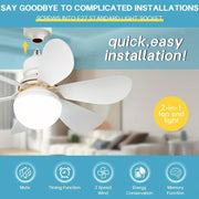 A white ceiling fan with light is shown installed on a ceiling, with text highlighting its easy installation and features.