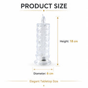 A clear faceted crystal LED candle light with its dimensions, 18 cm height and 6 cm diameter, displayed.