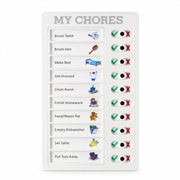 A white rectangular chore board displaying ten daily tasks with corresponding colorful icons and slider indicators.