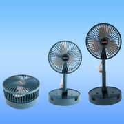 Three teal portable fans are shown on a blue background, demonstrating their compact, medium, and extended heights.