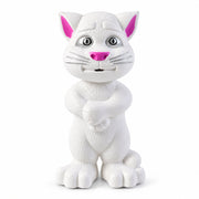 A full frontal view of the white plastic cat toy with pink ears and nose, standing on a white background.