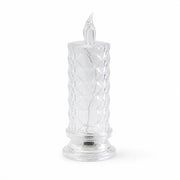 A clear faceted crystal LED candle light, unlit, on a plain white background.