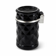 A black car cup holder ashtray with a diamond texture and silver-tone accents on a white background.