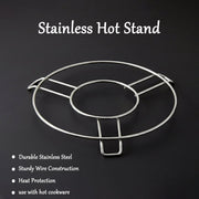 A stainless steel hot stand is displayed on a black background with bullet points describing its features.