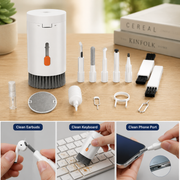 White multi-tool cleaning kit with various attachments and three insets showing it cleaning earbuds, a keyboard, and a phone