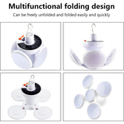 A four-panel grid displays the white camping light in various stages of folding and unfolding.