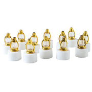 Twelve identical golden lantern LED candles, each with a white base, are arranged in rows on a clean white background.