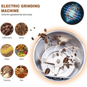 An infographic shows the inside of a grinder with coffee beans, and various ingredients it can grind like spices, grains,