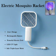 A white electric bug zapper with a square head and ribbed handle, connected to a USB cable, on a blue background. Text lists