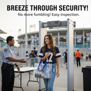 A smiling woman in a jersey walks through a security checkpoint, carrying a clear tote bag with blue handles.