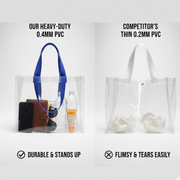 Two clear tote bags, one heavy-duty with blue handles and items, the other flimsy with white handles and crumpled paper.