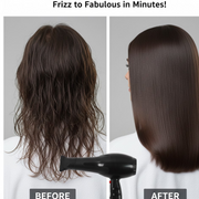 A split image showing wet, frizzy hair on the left and smooth, straight hair on the right, with a hair dryer below.
