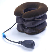 A three-tier, dark brown inflatable neck traction device with a hand pump and blue clip on a white background.