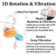 A white and rose gold massager with an orange pad, and two other pads (blue and white) floating next to it. Text describes
