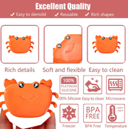 A collage of product features for the orange crab ice mold, highlighting its quality and material.