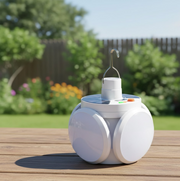 A white solar camping light with four panels and a metal hook rests on a wooden table in a sunny backyard.