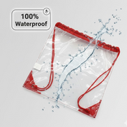 Clear drawstring bag with red details, featuring a splash of water and a 
