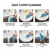 A six-panel graphic illustrates a 5-step cleaning process using the dolphin sponge, from wetting to air-drying.