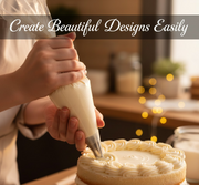 Close-up of hands piping white frosting onto a cake, creating decorative swirls, with a blurred kitchen background.