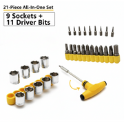 A 21-piece T-shape ratchet socket set with individual components separated, on a white background with text overlay.