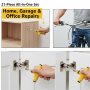 Three split images showing the T-shape ratchet being used for home repairs, with text overlay.
