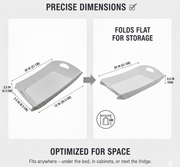Two images illustrate the precise dimensions of the white tray when assembled and folded flat for storage.