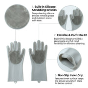 An infographic highlighting features of the grey silicone scrubbing gloves: built-in bristles, flexible fit, and non-slip