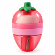 A single pink and red strawberry-shaped sharpener with a green stem and an internal white eraser.