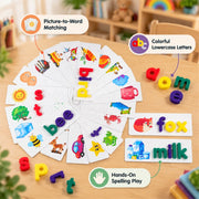 An overhead view of multiple word puzzle cards fanned out, with colorful lowercase letters arranged on some cards.