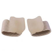 Two beige elastic toe separators with clear gel pads, viewed from the front, against a plain white background.