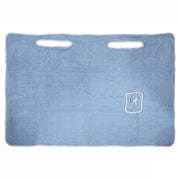 Flat lay of a light blue rectangular bath towel with white trim, two armholes, and a small pocket with an R monogram.