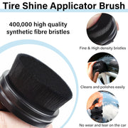 Close-up of the black tire shine applicator brush with text highlighting its synthetic fiber bristles and cleaning