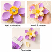 Three close-up views of the flower clip, showing its magnetism, double-layer petals, and easy storage with a lavender pouch.
