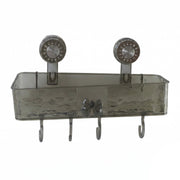 A clear grey plastic caddy with four hooks is mounted on a white background, showcasing its design and functionality.