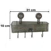 A clear grey plastic caddy with four hooks is mounted on a white background, with dimensions of 31 cm width and 10 cm height.