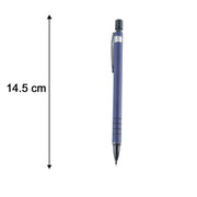 A blue mechanical pencil stands upright on a white background with a vertical arrow indicating its length of 14.5 cm.